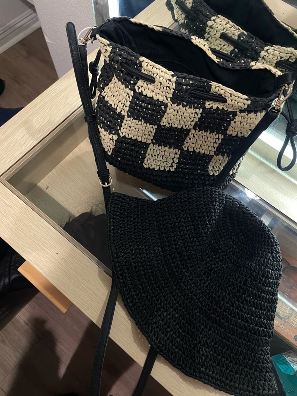 Woven Checkerboard bag and black woven bucket hat set